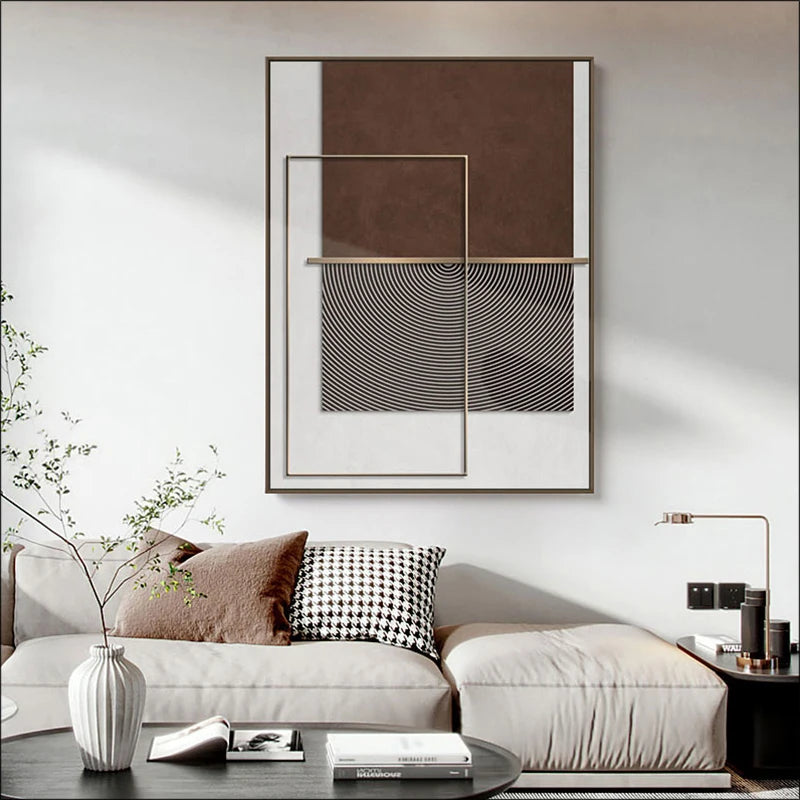 Modern Geometric Abstract Canvas Prints - Elegant Architectural Wall Art Featuring Circular Patterns, Vertical Lines and Shades Of Brown, Terracotta & Beige Golden Colored Accents