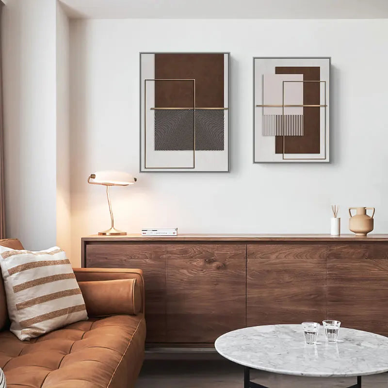 Modern Geometric Abstract Canvas Prints - Elegant Architectural Wall Art Featuring Circular Patterns, Vertical Lines and Shades Of Brown, Terracotta & Beige Golden Colored Accents