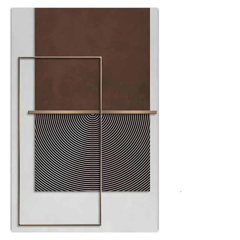 Modern Geometric Abstract Canvas Prints - Elegant Architectural Wall Art Featuring Circular Patterns, Vertical Lines and Shades Of Brown, Terracotta & Beige Golden Colored Accents