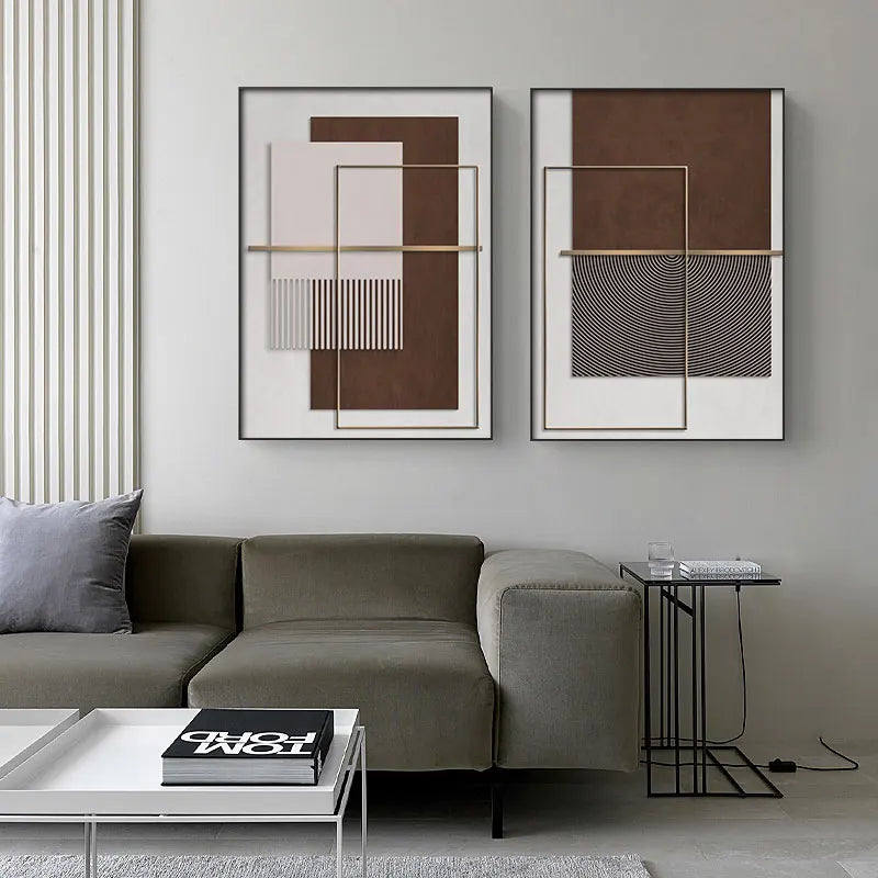 Modern Geometric Abstract Canvas Prints - Elegant Architectural Wall Art Featuring Circular Patterns, Vertical Lines and Shades Of Brown, Terracotta & Beige Golden Colored Accents