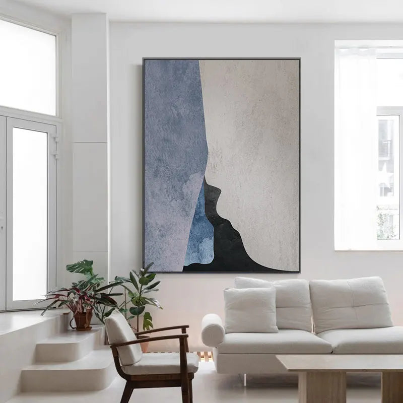 Modern Geometric Abstract Wall Art Fine Canvas Print - Bold Minimalist Grey Blue Beige Black Art Piece - Perfect for Contemporary Home and Office Decor