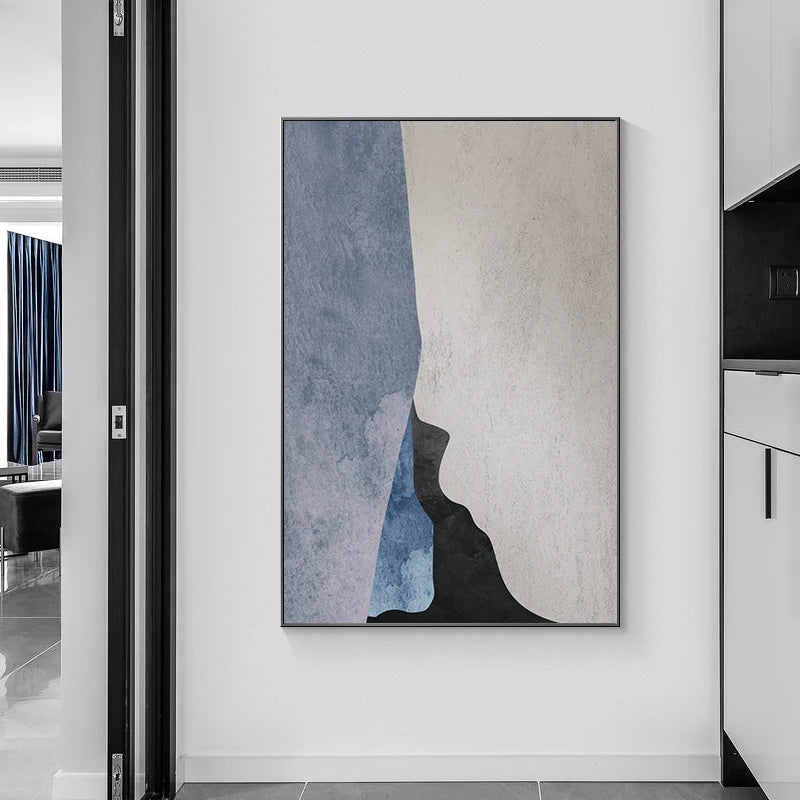 Modern Geometric Abstract Wall Art Fine Canvas Print - Bold Minimalist Grey Blue Beige Black Art Piece - Perfect for Contemporary Home and Office Decor