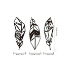 Three geometric feather designs with measurements on a white background