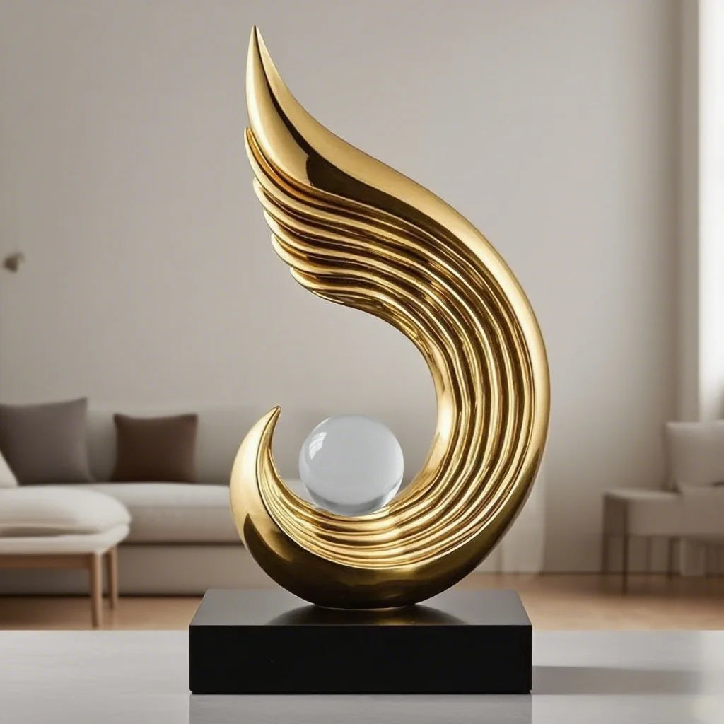 Gold decorative sculpture with a glass sphere on a black base in a living room setting