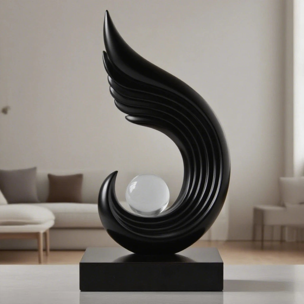 Black abstract sculpture on a pedestal in a modern living room