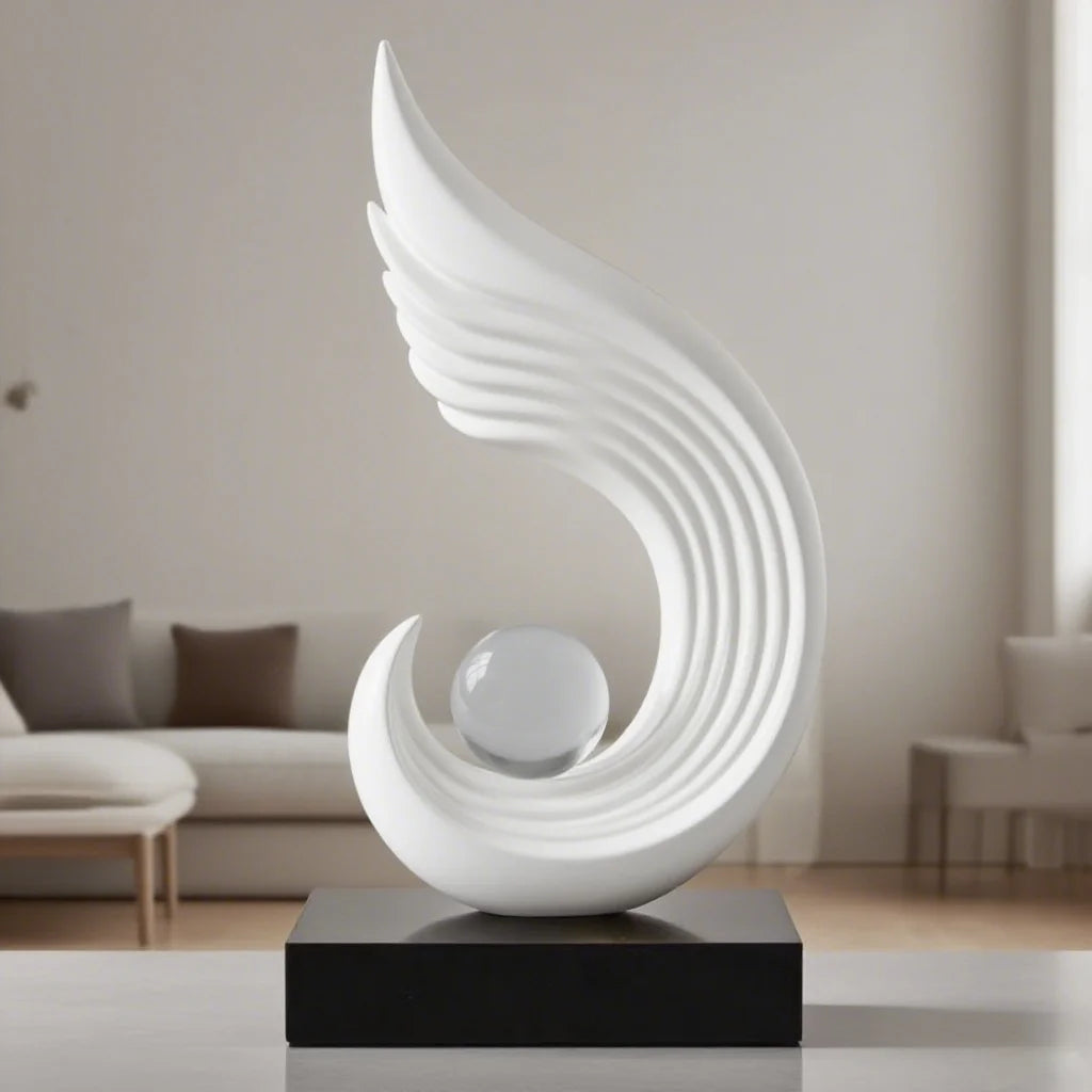 White abstract sculpture on a black base in a modern living room
