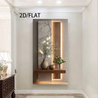 Modern interior design with a wall-mounted shelf featuring decorative items and '2D/FLAT' text.