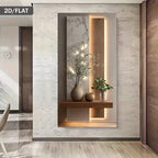 Modern interior design with a wall-mounted shelf featuring decorative items and lighting.