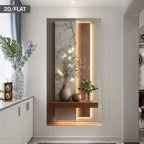 Modern interior design with a wooden shelf, decorative plants, and lighting.