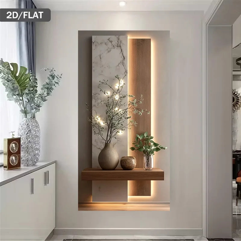 Modern interior design with a wooden shelf, decorative plants, and lighting.