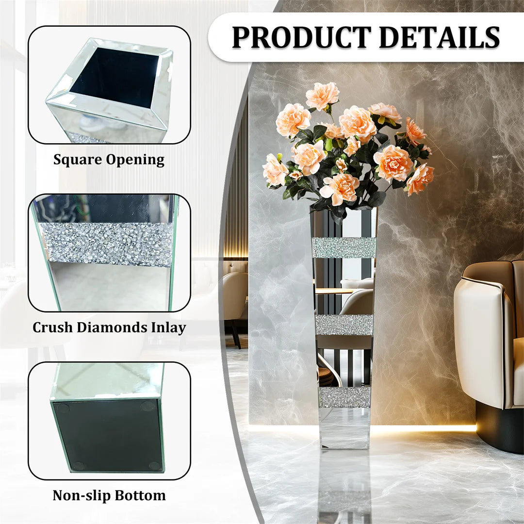 Decorative floor mirror with square opening, crush diamonds inlay, and non-slip bottom features.