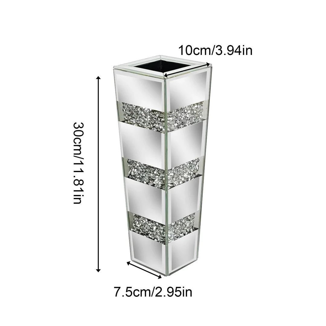 Rectangular mirror planter with decorative silver stripes and dimensions on a white background