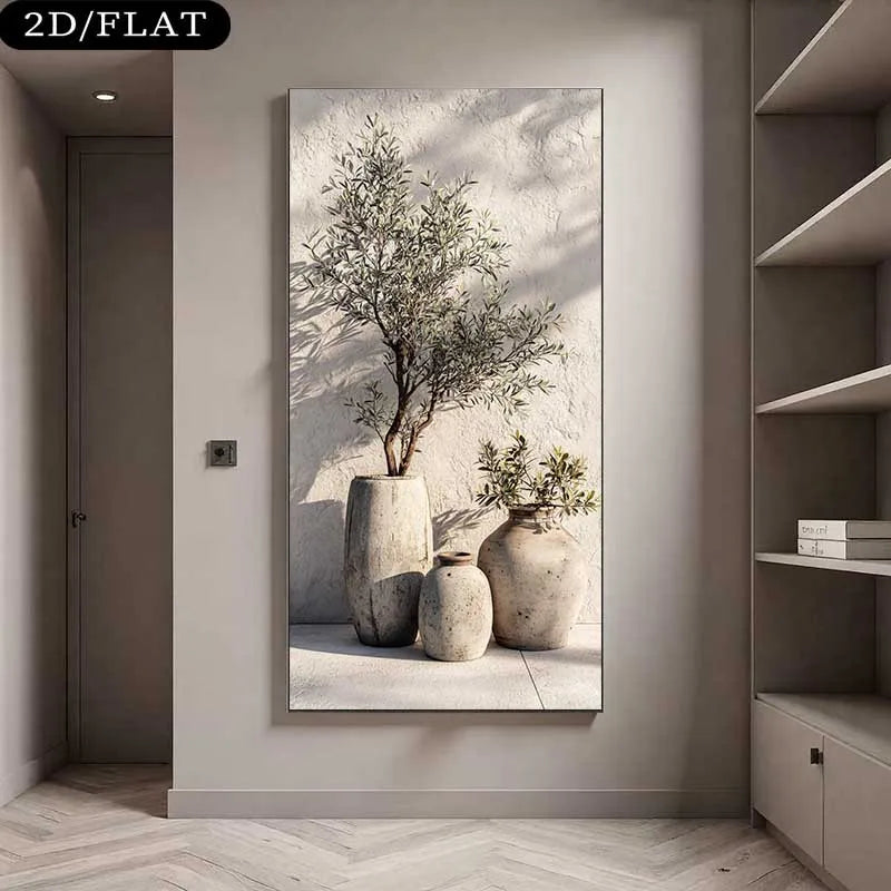 Modern Mediterranean Olive Tree Still Life Fine Art Canvas Print – Neutral Ceramic Vase Wall Art for Contemporary Minimalist Home Décor