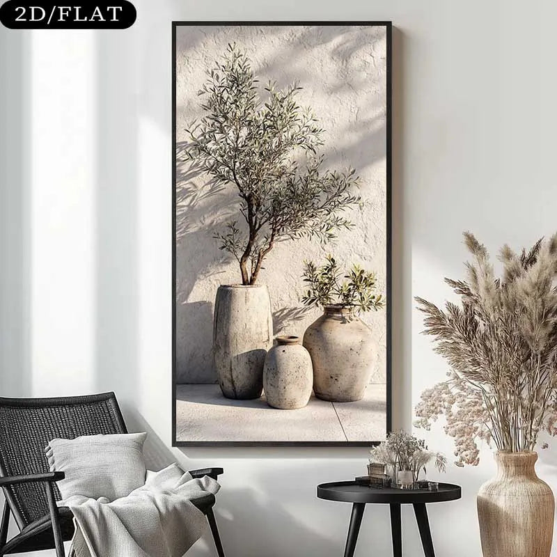 Framed artwork of potted plants in a living room setting