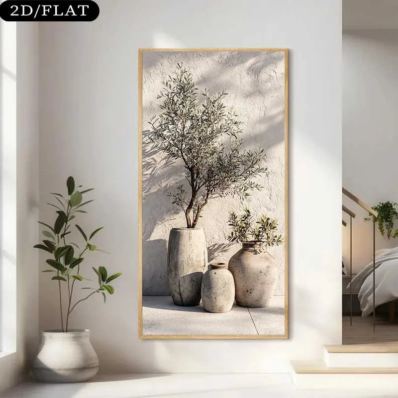 Framed artwork of potted plants on a white wall