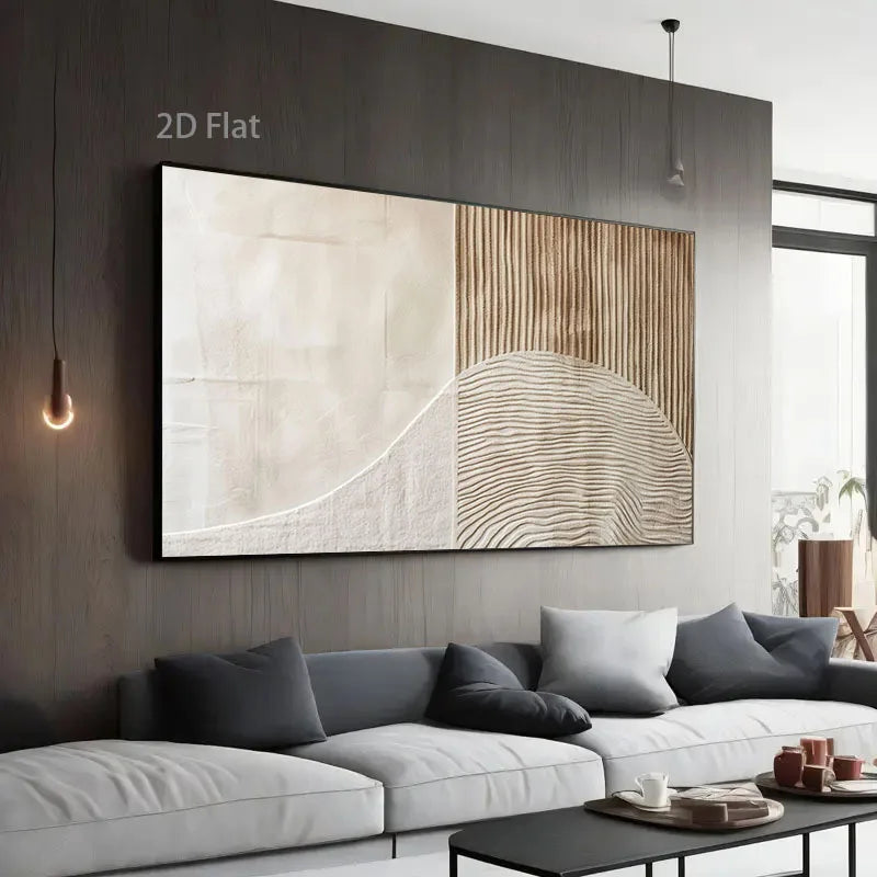 Modern living room with a large abstract painting on the wall above a gray sofa.