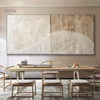 Modern dining room with abstract wall art and wooden furniture.