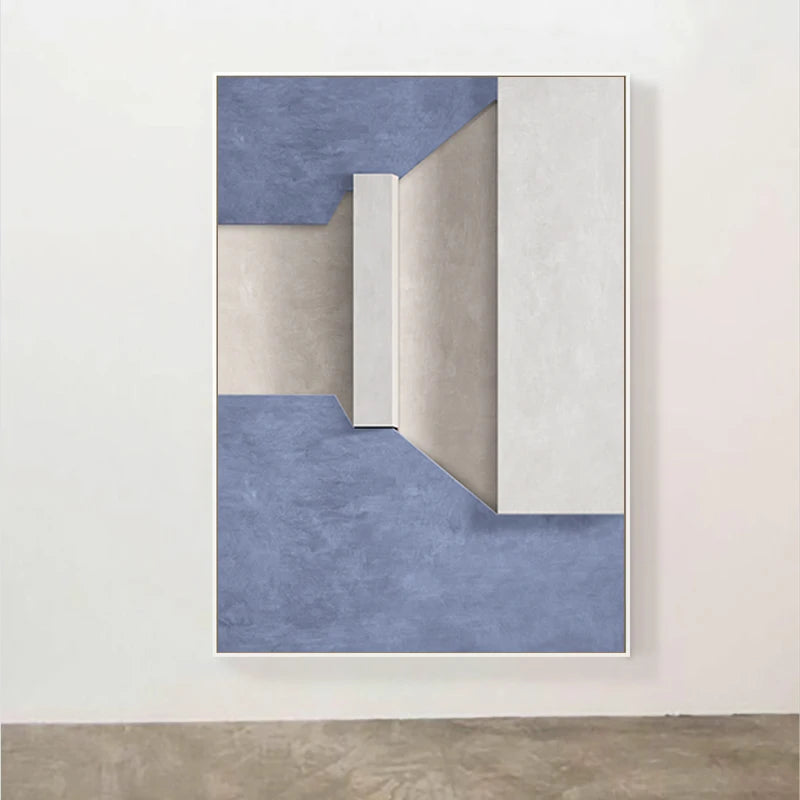 Modern Minimalist Abstract Geometric Canvas Print Wall Art - Three-Dimensional Design in Blue, Beige, and White - Contemporary Wall Art for Home or Office Decor
