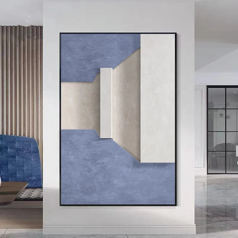 Modern Minimalist Abstract Geometric Canvas Print Wall Art - Three-Dimensional Design in Blue, Beige, and White - Contemporary Wall Art for Home or Office Decor