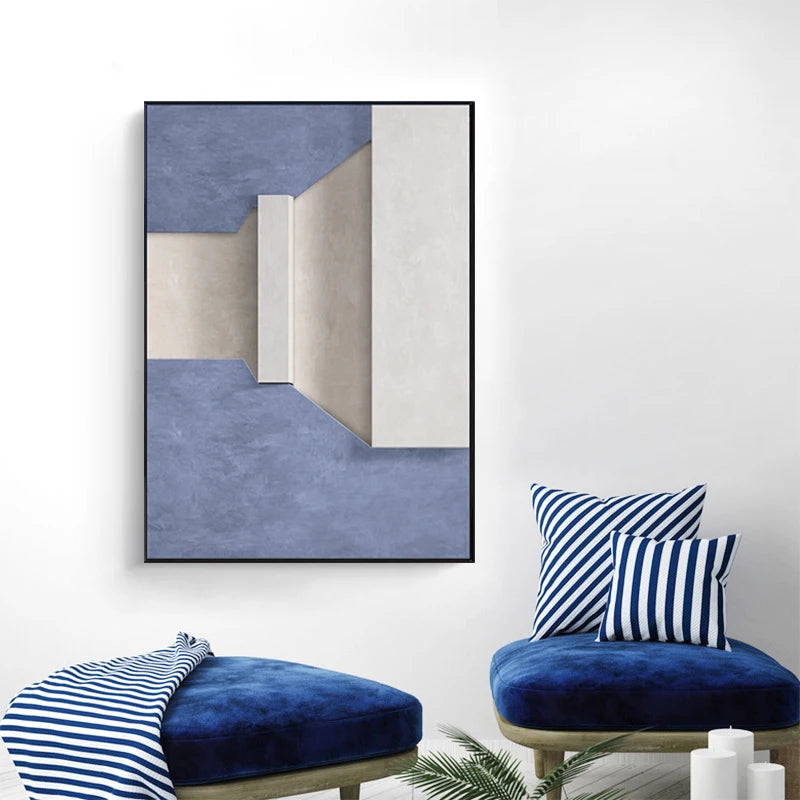 Modern Minimalist Abstract Geometric Canvas Print Wall Art - Three-Dimensional Design in Blue, Beige, and White - Contemporary Wall Art for Home or Office Decor