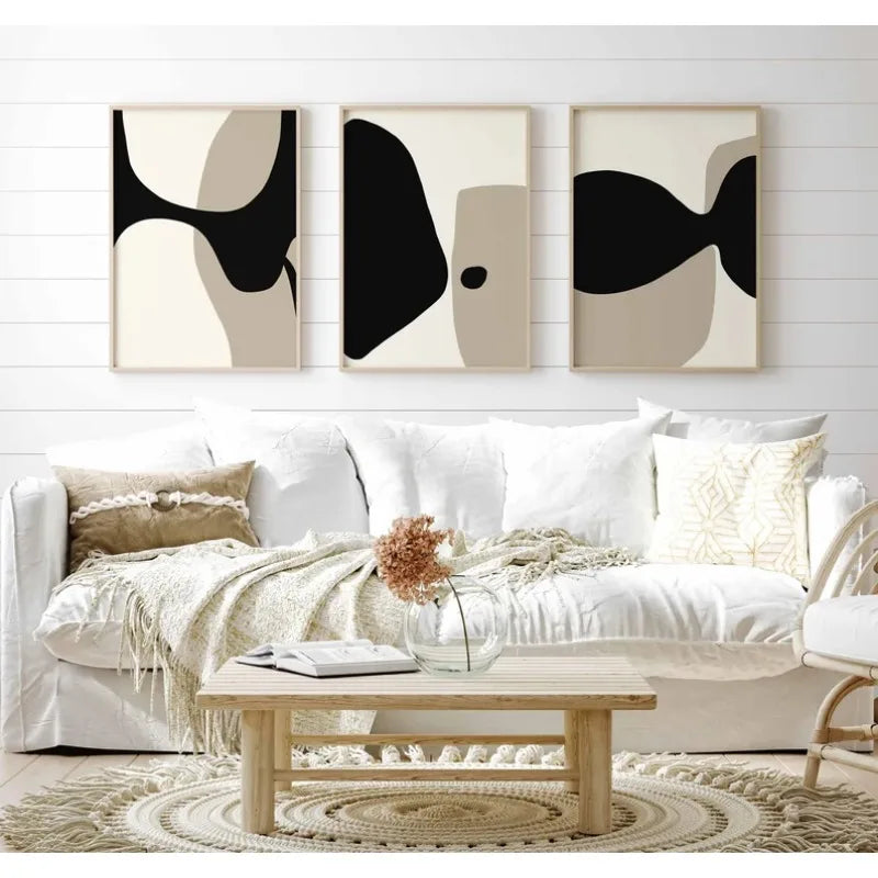 Modern Minimalist Neutral Gallery Wall Art Black and Beige Abstract Art Canvas Painting Nordic Simple Bedroom Frameless Wall Art