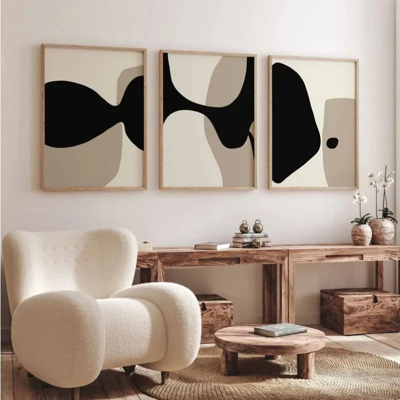 Modern Minimalist Neutral Gallery Wall Art Black and Beige Abstract Art Canvas Painting Nordic Simple Bedroom Frameless Wall Art