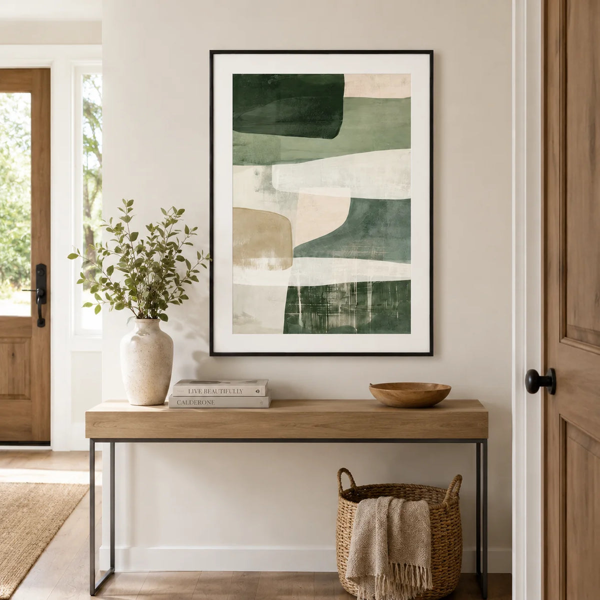 Modern Neutral Palette Beige Green Abstract Wall Art Fine Art Canvas Print Pictures For Living Room Dining Room or Bedroom - Contemporary Scandinavian Home Decor