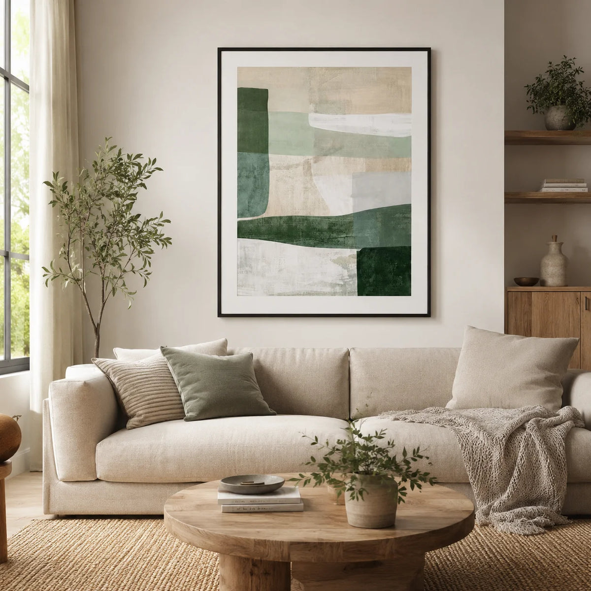 Modern Neutral Palette Beige Green Abstract Wall Art Fine Art Canvas Print Pictures For Living Room Dining Room or Bedroom - Contemporary Scandinavian Home Decor
