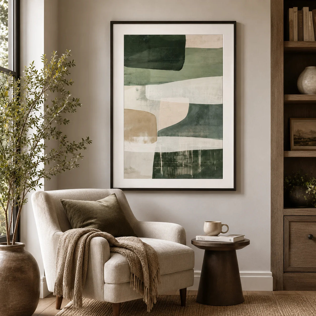 Modern Neutral Palette Beige Green Abstract Wall Art Fine Art Canvas Print Pictures For Living Room Dining Room or Bedroom - Contemporary Scandinavian Home Decor