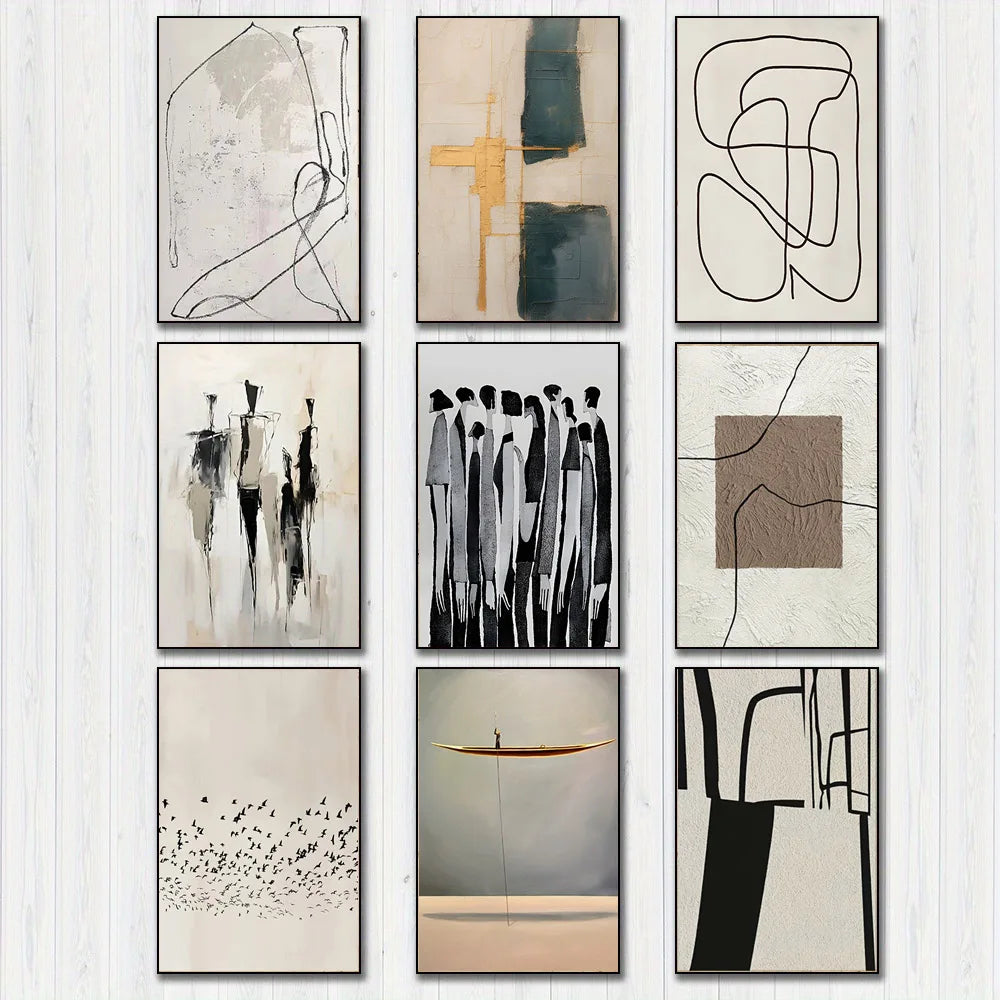 Set of abstract art prints on a white wall