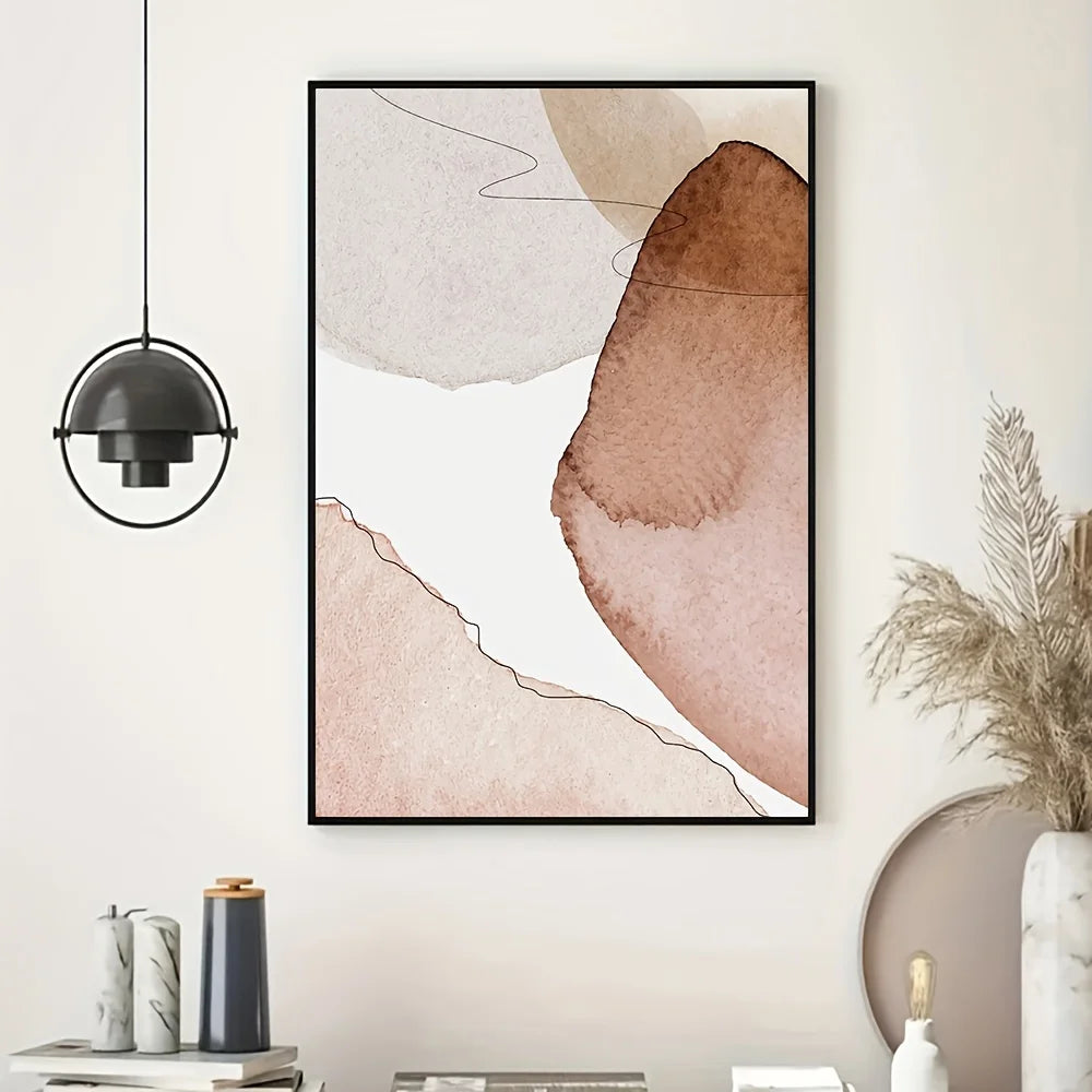 Abstract art print in a modern interior setting with decor elements.