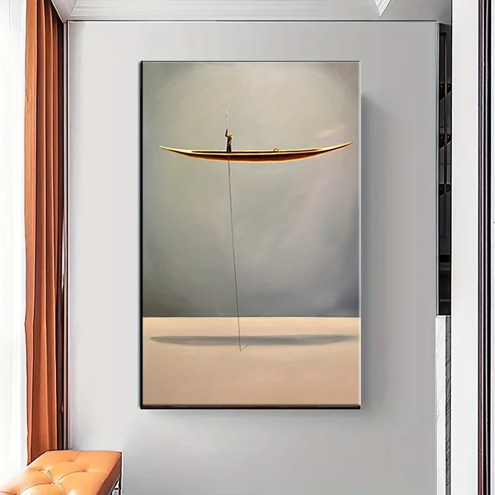 Framed artwork of a person in a boat on a gray background, hanging on a wall.