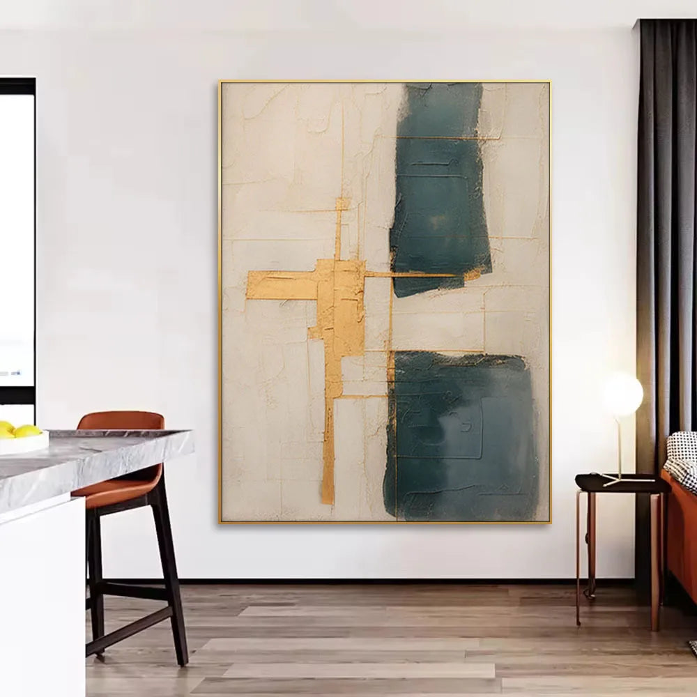 Abstract art piece in a modern interior setting with furniture.