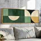 Abstract geometric painting on a wall above a sofa