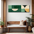 Modern living room with a wooden bench, abstract wall art, and plants.