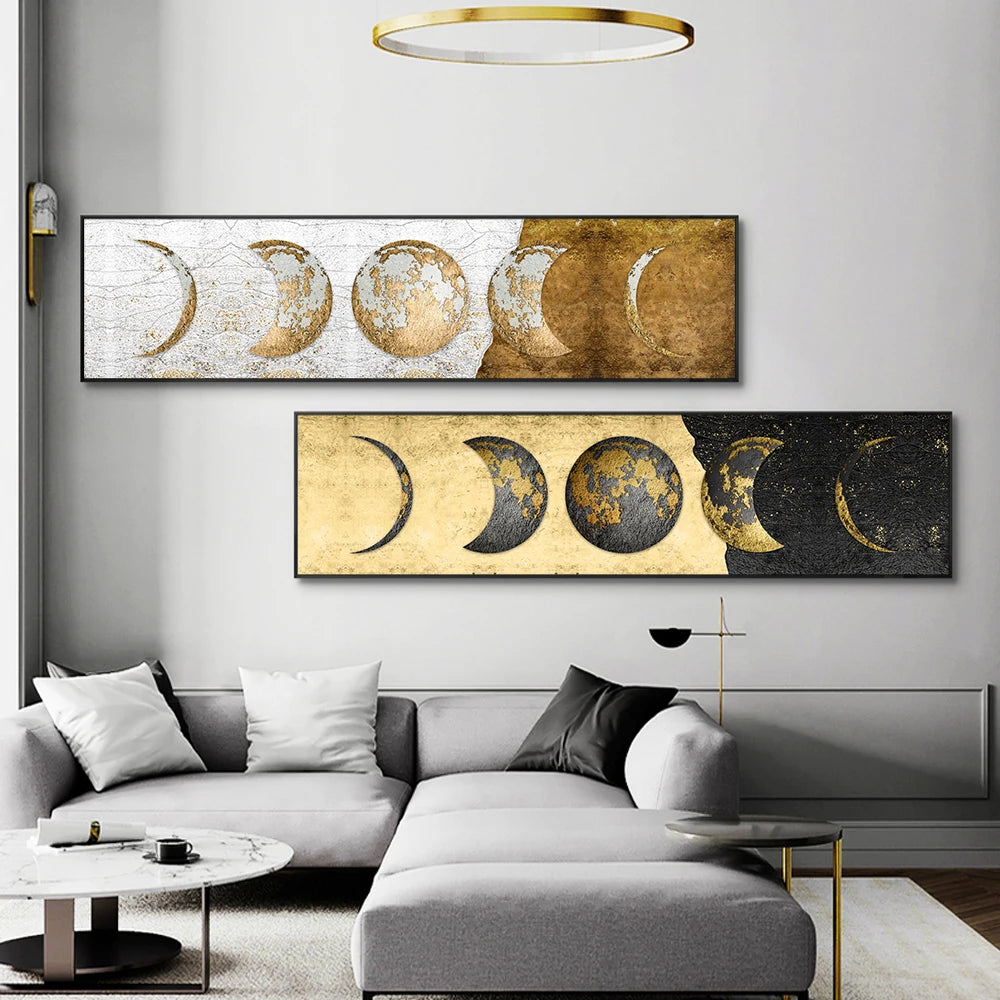 Modern Moon Modern Rustic Golden Moon Phases Wide Format Picture For Above The Bed ...