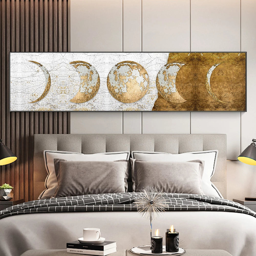 Modern Rustic Golden Moon Phases Wall Art Fine Art Canvas Prints Wide Format Pictures For Above The Bed Wide Pictures For Above The Sofa