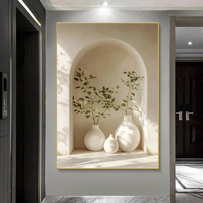 Decorative wall art of white vases and green plants in a neutral setting.