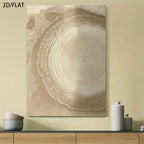 A vertical abstract canvas wall art print featuring concentric circular tree-ring-like patterns in beige, cream, and taupe tones, displayed on a beige wall above a wooden console table with decorative ceramic vases.