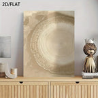 A 2D flat canvas wall art print featuring a circular wood grain or tree-ring pattern in warm beige and gold tones, displayed on a light wood cabinet in a styled room setting.