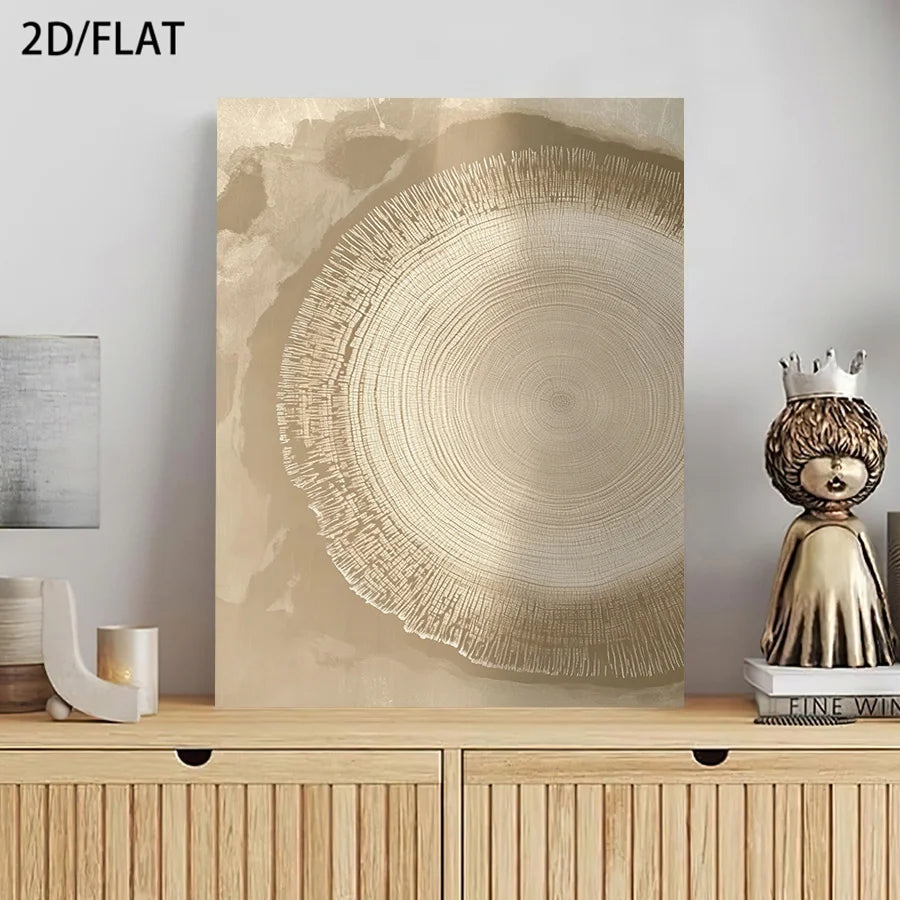 A 2D flat canvas wall art print featuring a circular wood grain or tree-ring pattern in warm beige and gold tones, displayed on a light wood cabinet in a styled room setting.