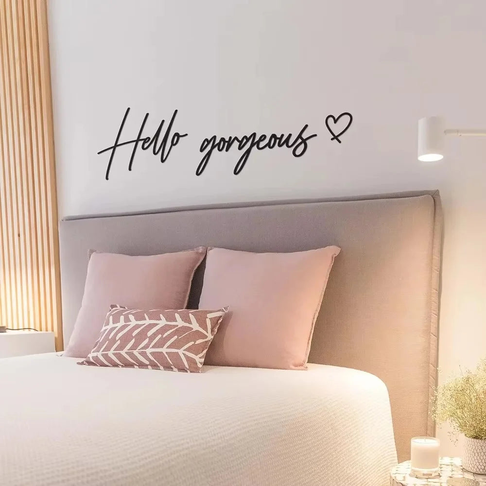 Modern Typographic Black Metal Wall Art 3d Iron Crafted Wall Mounted Decoration "Hello Gorgeous" Quote Wall Decor For Girl's Bedroom Beauty Salon Hairdresser Art Decor
