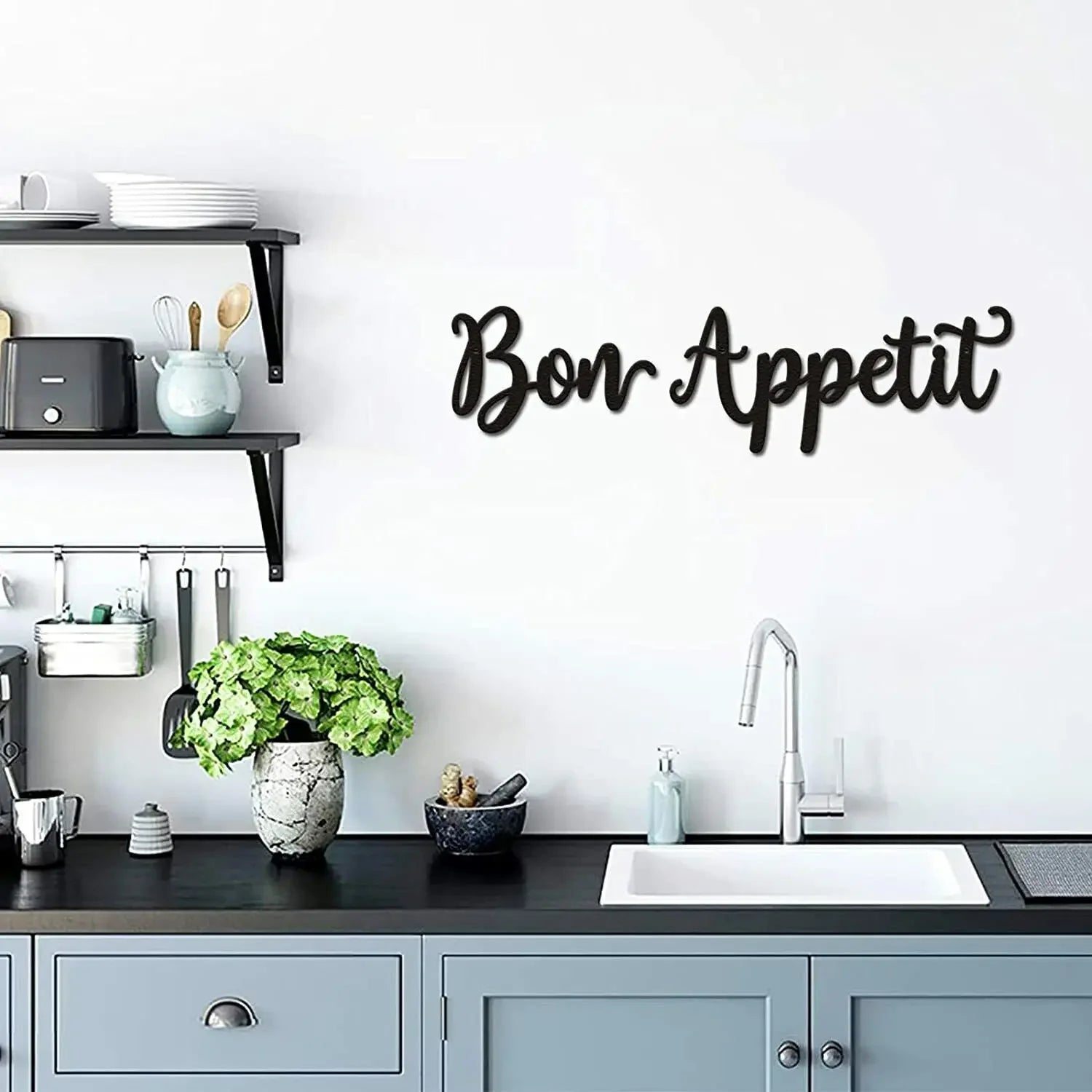 Modern Typographic Bon Appetit Sign Black Metal Wall Art 3d Iron Craft Wall Decoration For Dining Room Cafe Restaurant Creative Art Decor