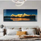 Large mountain landscape painting above a bed in a bedroom