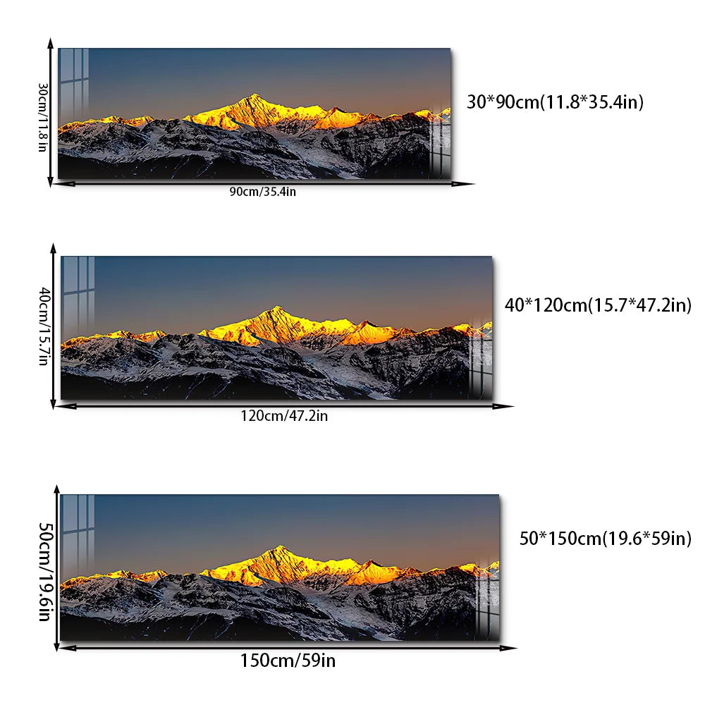 Panoramic mountain landscape with dimensions indicated on a white background