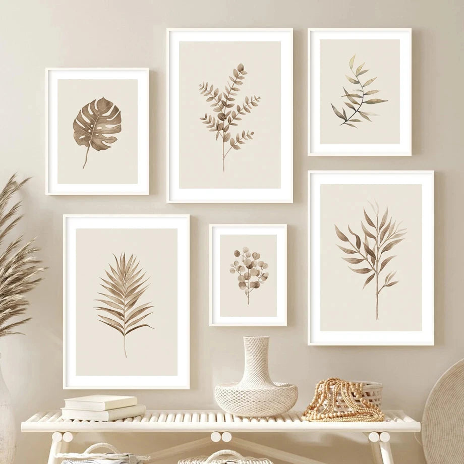 Monstera Fern Leaf Botany Specimen Wall Art Fine Art Canvas Prints Neutral Color Minimalist Pictures For Living Room Dining Room Bedroom Art Decor