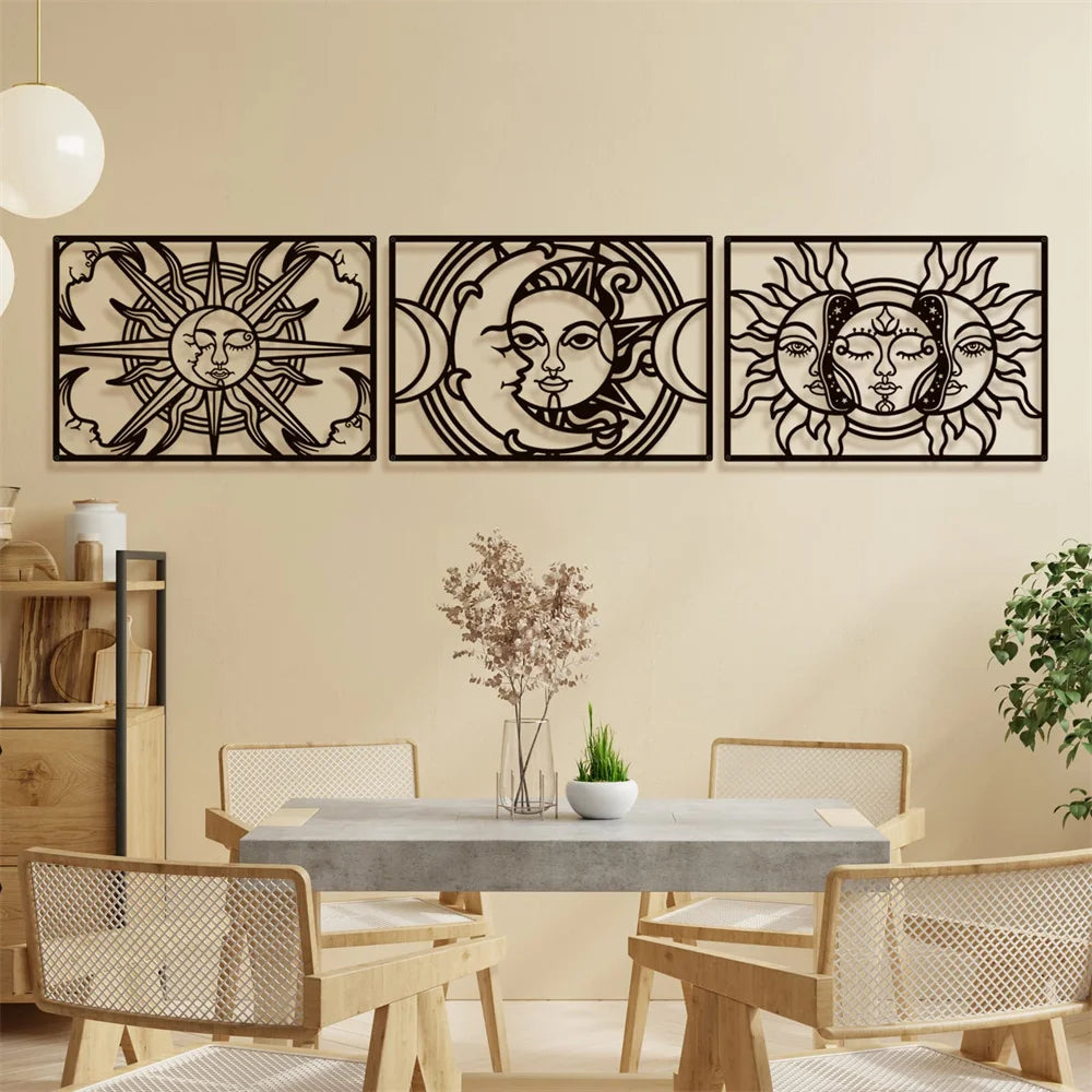 Moon Sun Black Metal Wall Art 3D Sculptured Iron Craft Wall Plaques For Living Room Dining Room Bedroom Modern Creative Inspirational Home Decor