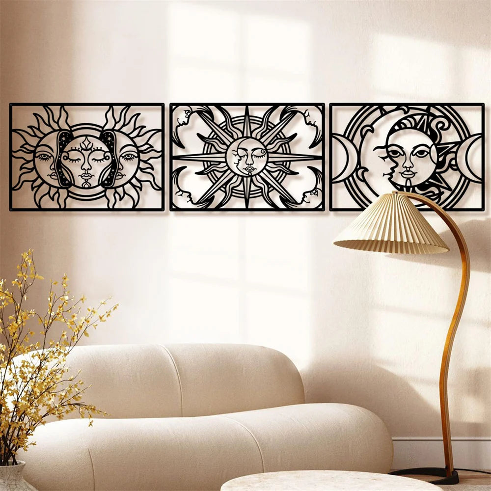 Moon Sun Black Metal Wall Art 3D Sculptured Iron Craft Wall Plaques For Living Room Dining Room Bedroom Modern Creative Inspirational Home Decor