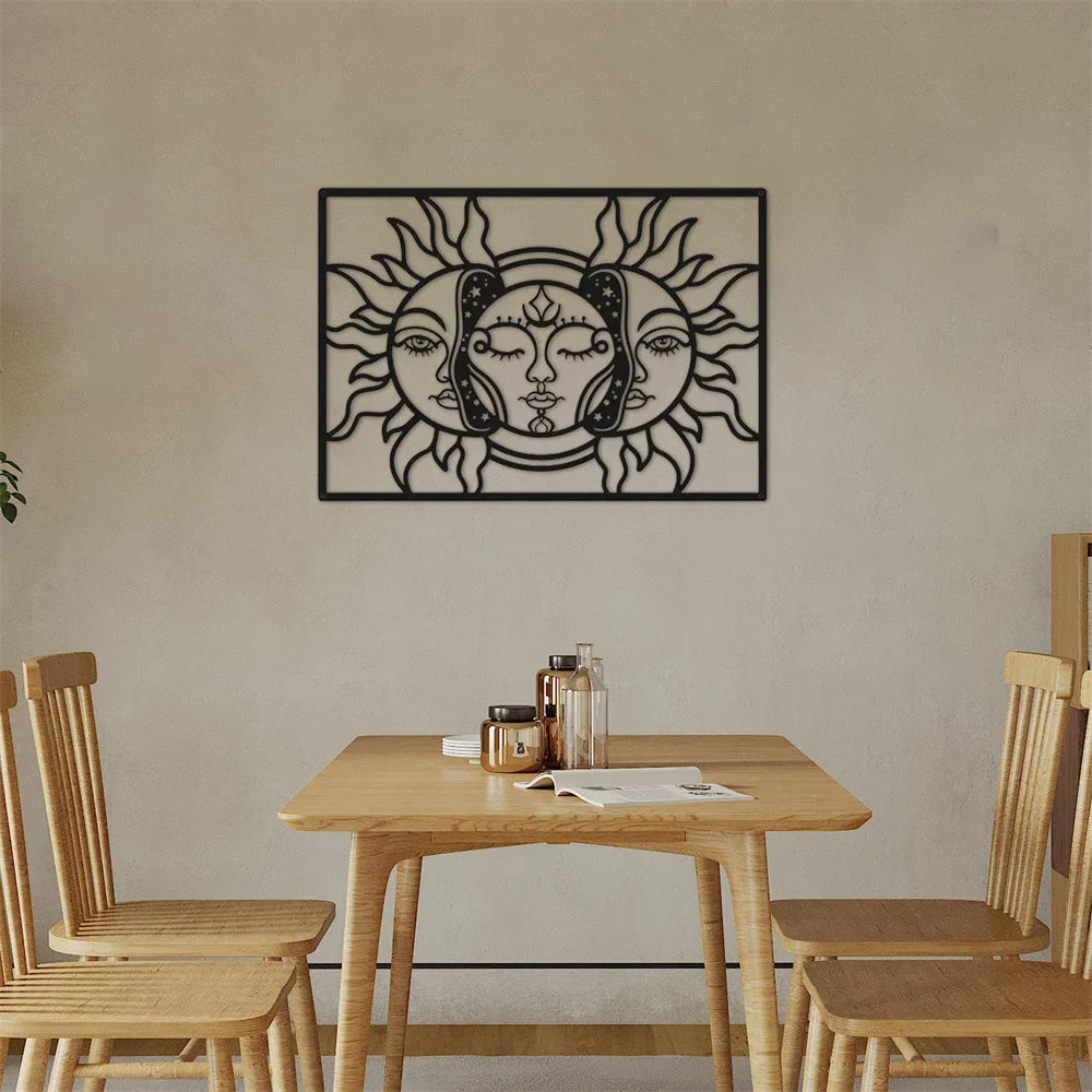 Moon Sun Black Metal Wall Art 3D Sculptured Iron Craft Wall Plaques For Living Room Dining Room Bedroom Modern Creative Inspirational Home Decor