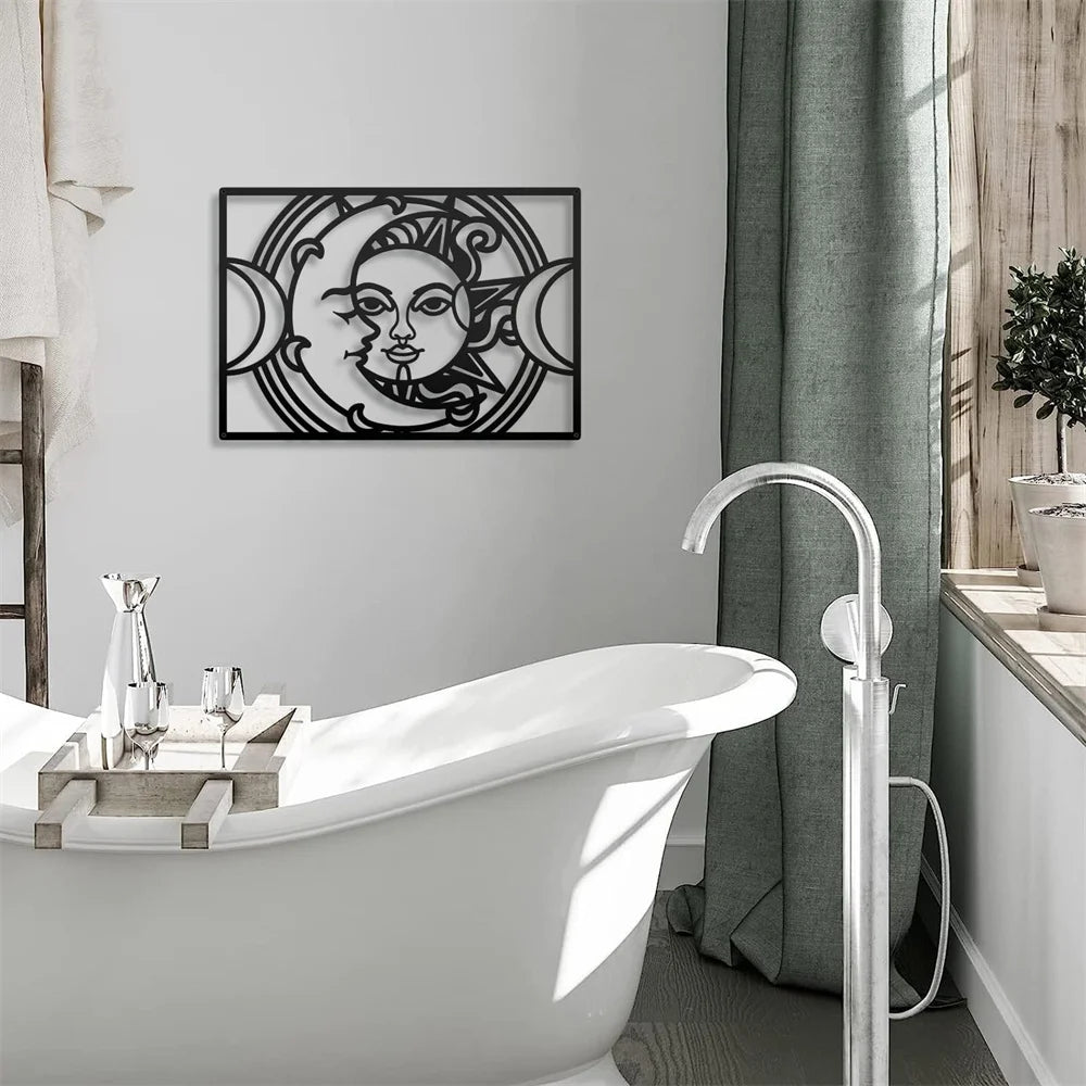 Moon Sun Black Metal Wall Art 3D Sculptured Iron Craft Wall Plaques For Living Room Dining Room Bedroom Modern Creative Inspirational Home Decor